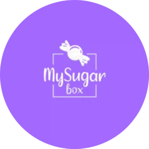 paarse cirkel met de tekst mySugarbox en een snoepje